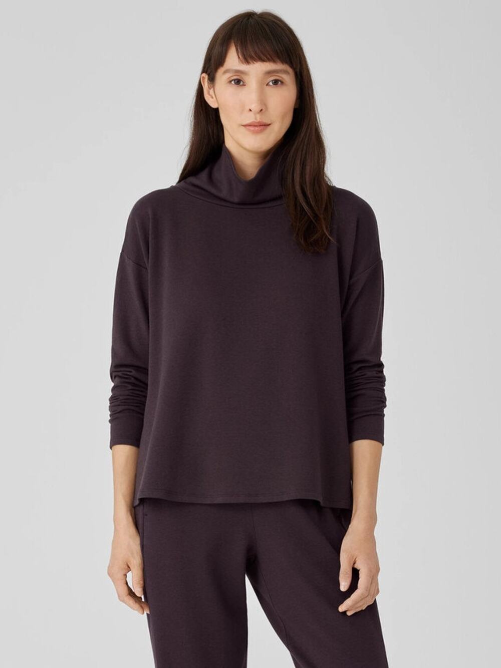 Eileen Fisher Cozy Brushed Terry Boxy Hug Top Mock Funnel Neck Large Purple